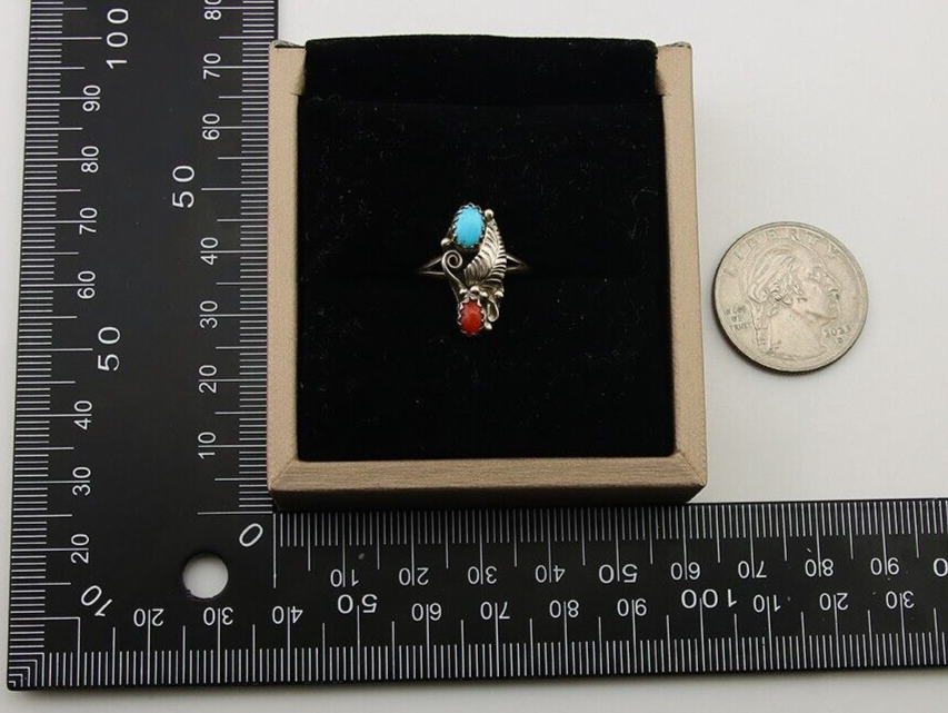 Navajo Handmade Ring 925 Silver Turquoise & Coral Native Artist C.80's