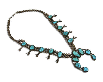 VTG Navajo Natural Blue Turquoise Squash Necklace 925 Silver Native Artist