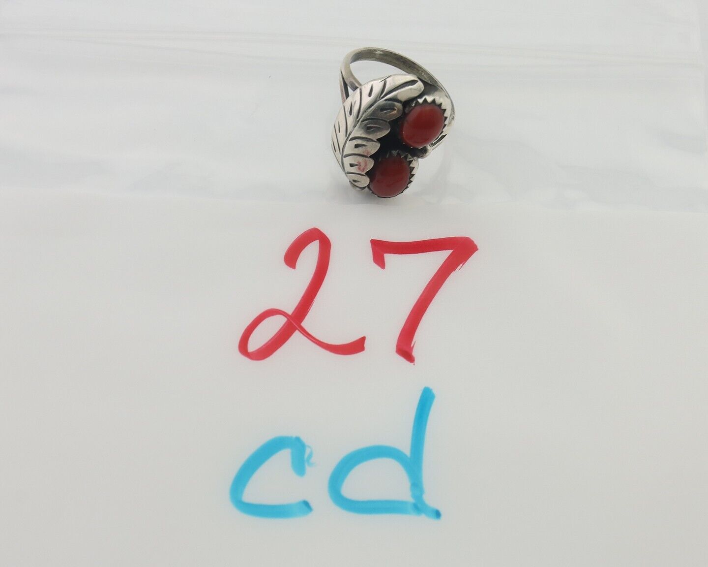 Navajo Handmade Ring 925 Silver Natural Mediterranean Coral Signed 88 C.80's