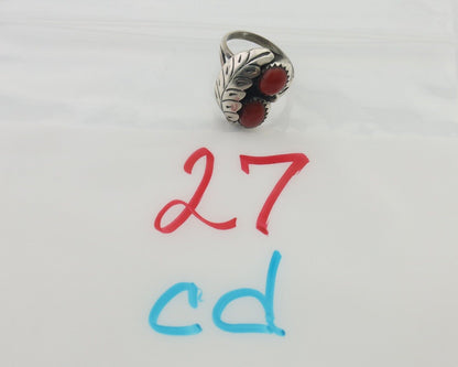 Navajo Handmade Ring 925 Silver Natural Mediterranean Coral Signed 88 C.80's
