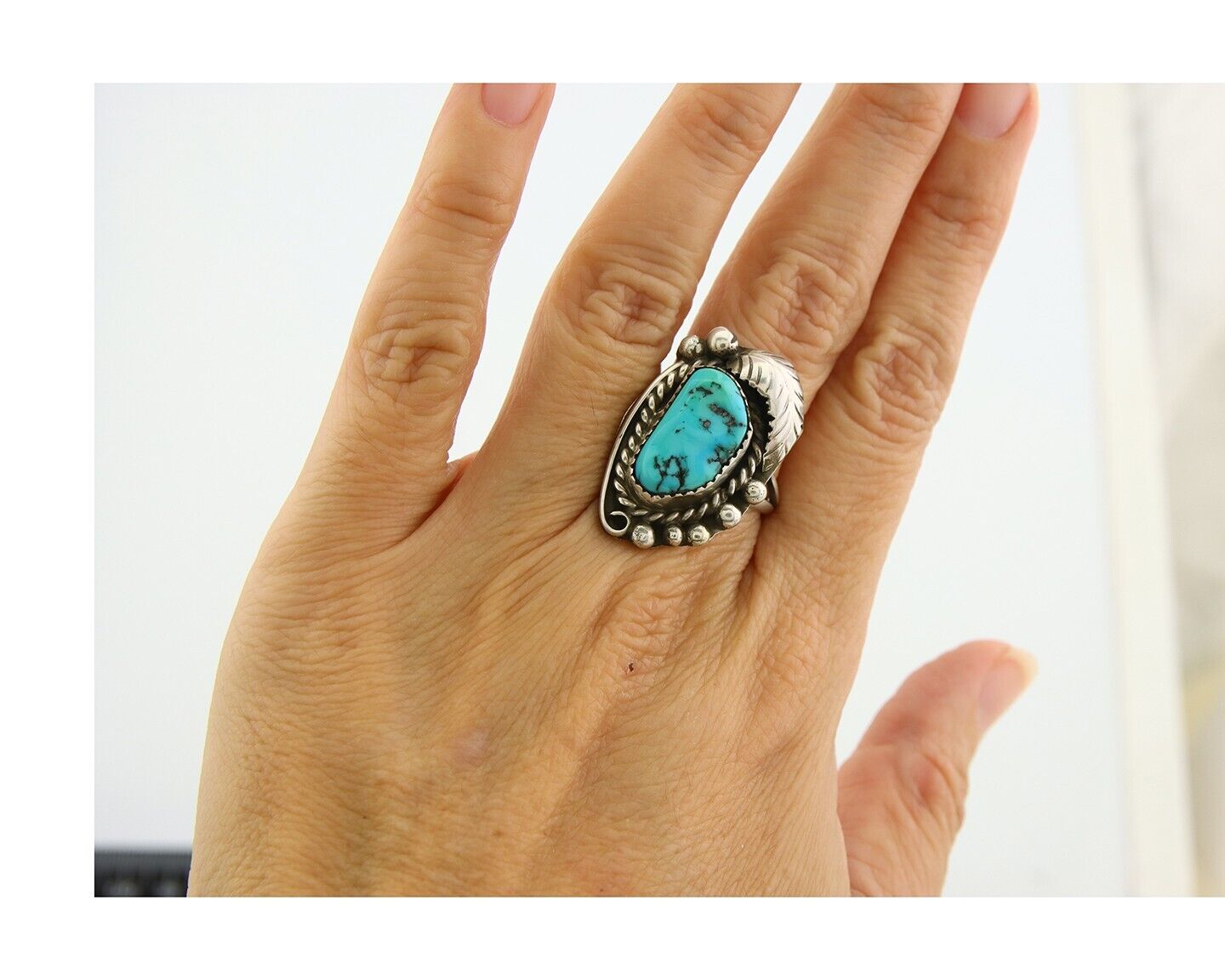 Navajo Ring 925 Sterling Natural Blue Turquoise Native Artist C.80's Size 7.5
