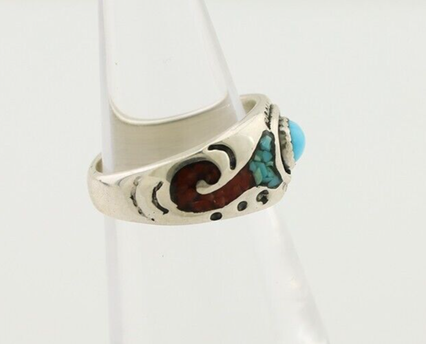 Navajo Ring 925 Silver Turquoise & Coral Natural American Artist C.80's