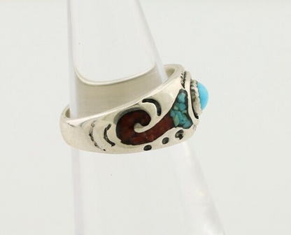 Navajo Ring 925 Silver Turquoise & Coral Natural American Artist C.80's