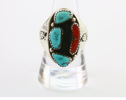 Navajo Men Ring Natural Turquoise & Coral 925 Silver Solid C.80's