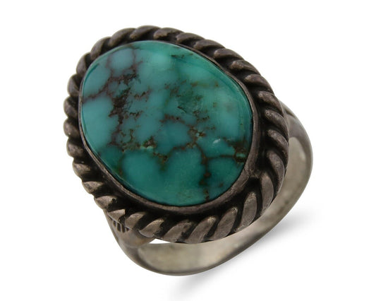 Men Navajo Ring 925 Silver Natural Slab Turquoise Signed Sunset C.80's