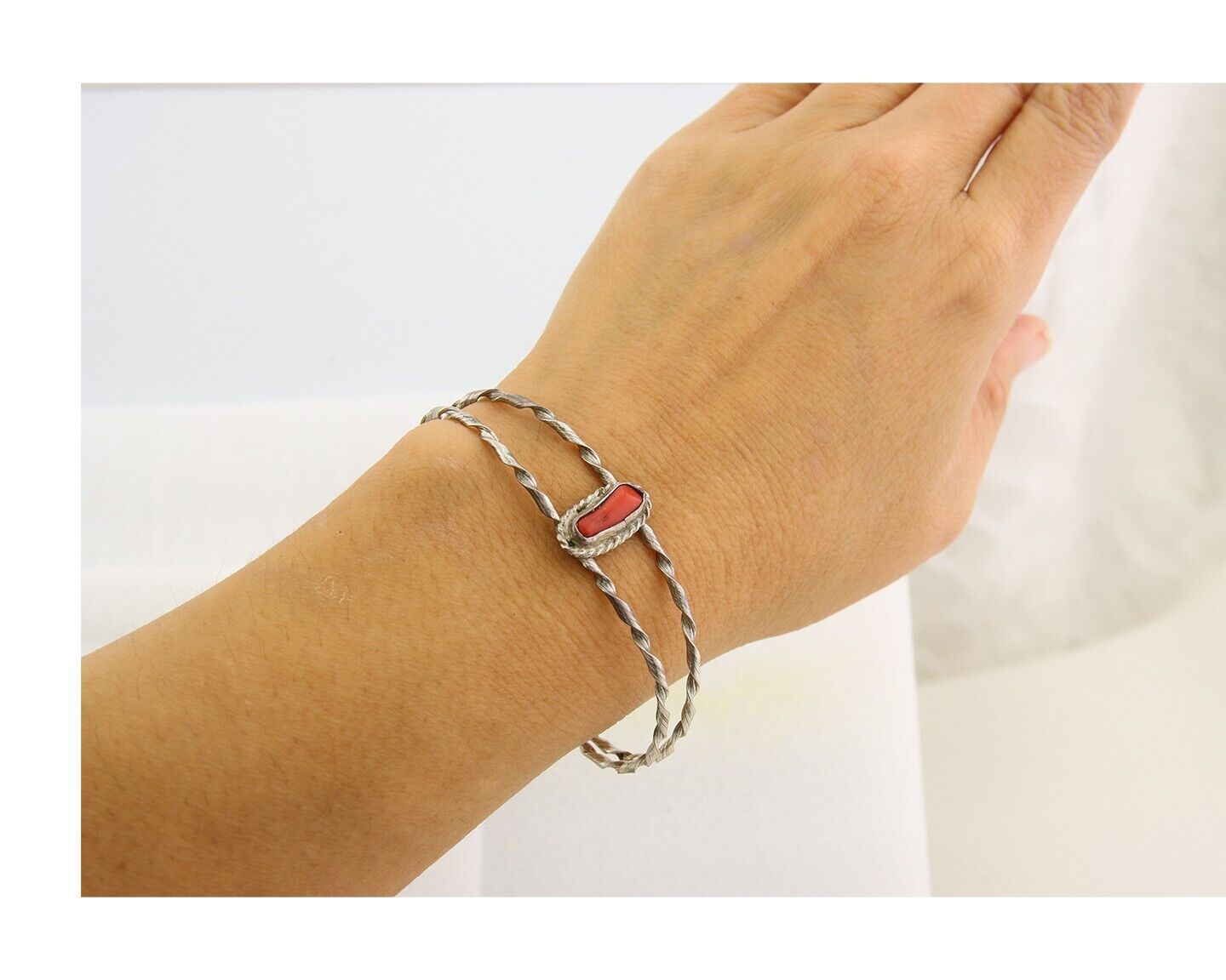 Navajo Bracelet .925 Silver Mediterranean Red Coral Cuff Native Artist C.80's