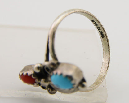 Navajo Handmade Ring 925 Silver Turquoise & Coral Native Artist C.80's
