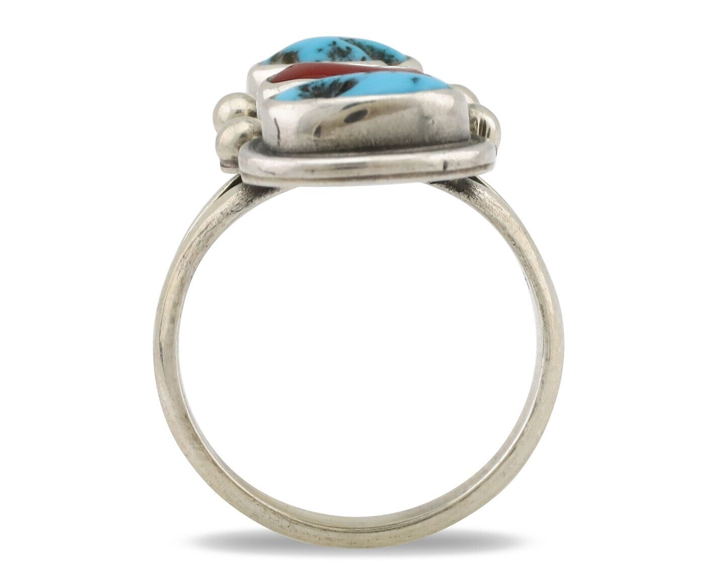 Navajo Ring 925 Silver Sleeping B Turquoise & Coral Native American Artist C.80s