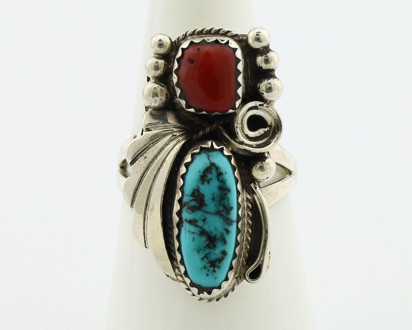 Navajo Ring .925 Silver Turquoise & Coral Artist Signed Justin Morris C.80's