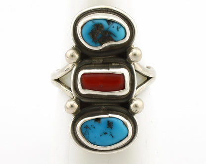 Navajo Ring 925 Silver Sleeping B Turquoise & Coral Native American Artist C.80s