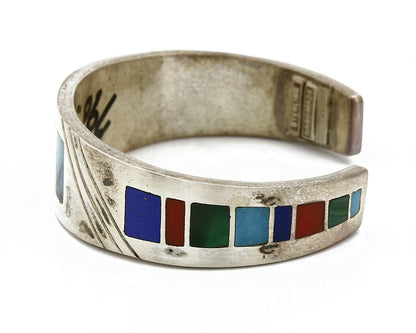 Early Artist David Freeland Inlaid Natural Gemstone .925 SOLID Silver Cuff