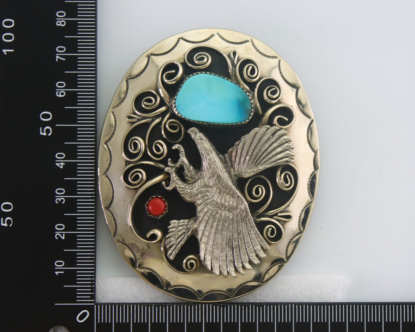 Navajo Belt Buckle .999 Nickel Buffalo Gemstone Handmade 2.5 x 3.0 in C.80's