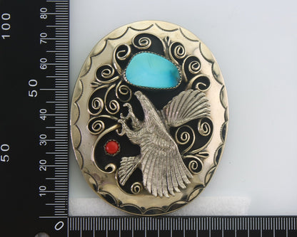 Navajo Belt Buckle .999 Nickel Buffalo Gemstone Handmade 2.5 x 3.0 in C.80's