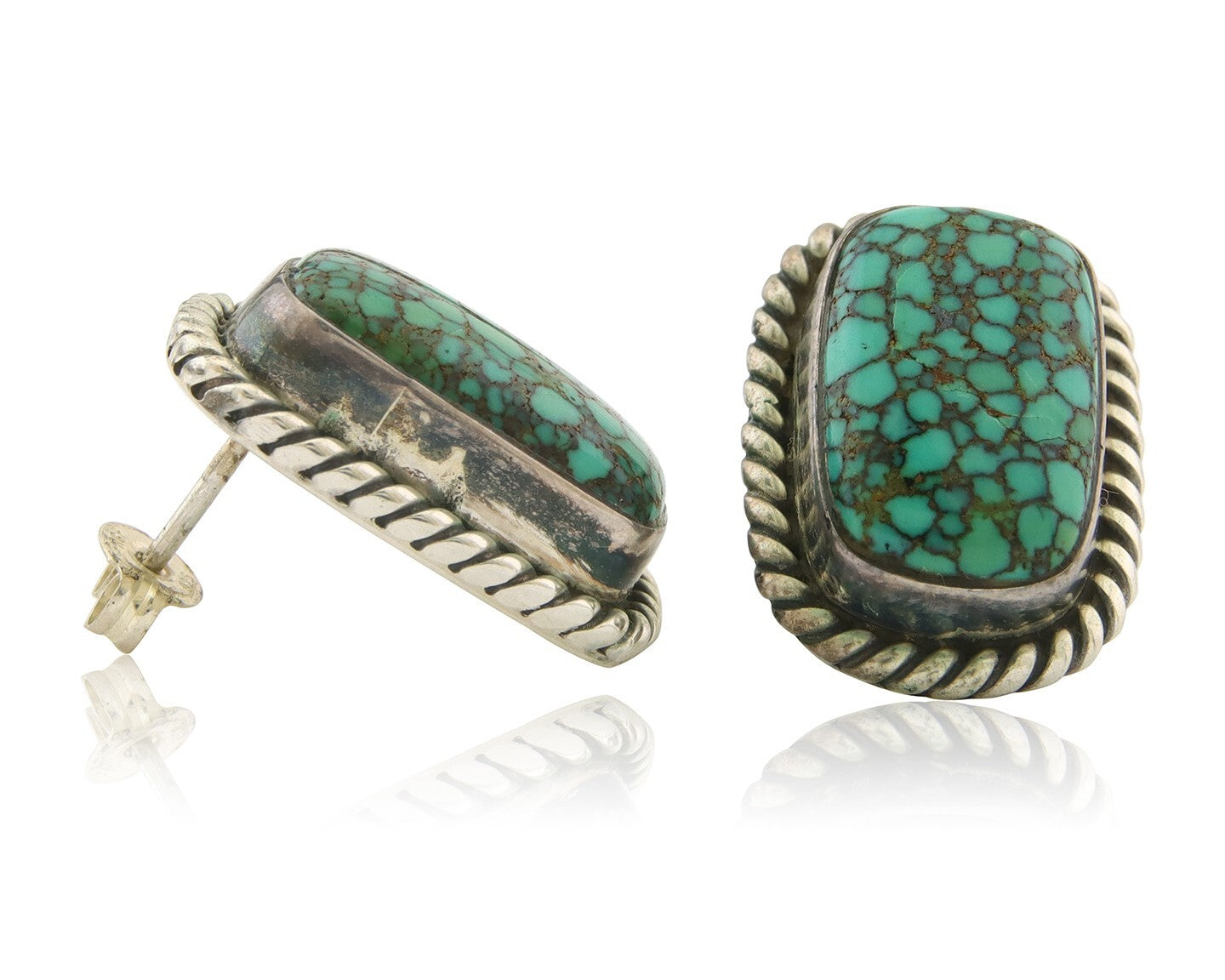 Navajo Earrings 925 Silver Spiderweb Turquoise Artist Signed W C.80's