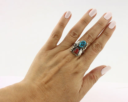 Navajo Ring .925 Silver Turquoise & Coral Artist Signed Justin Morris C.80's