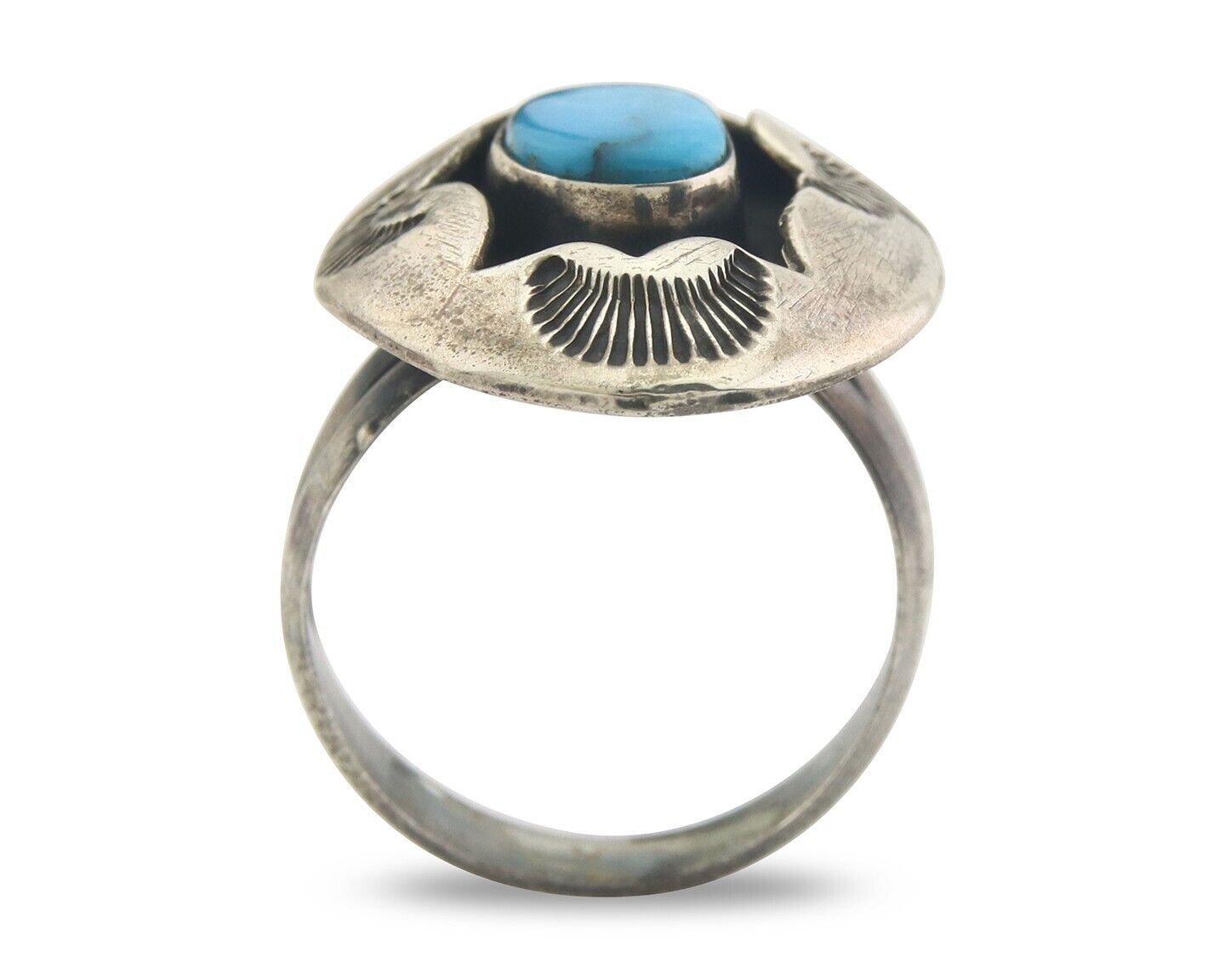 Navajo Ring 925 Sterling Turquoise Handmade Native Artist C.80's Size 8.35