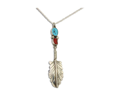 Navajo Feather Necklace 925 Silver Turquoise & Coral Signed M Montoya C.80's