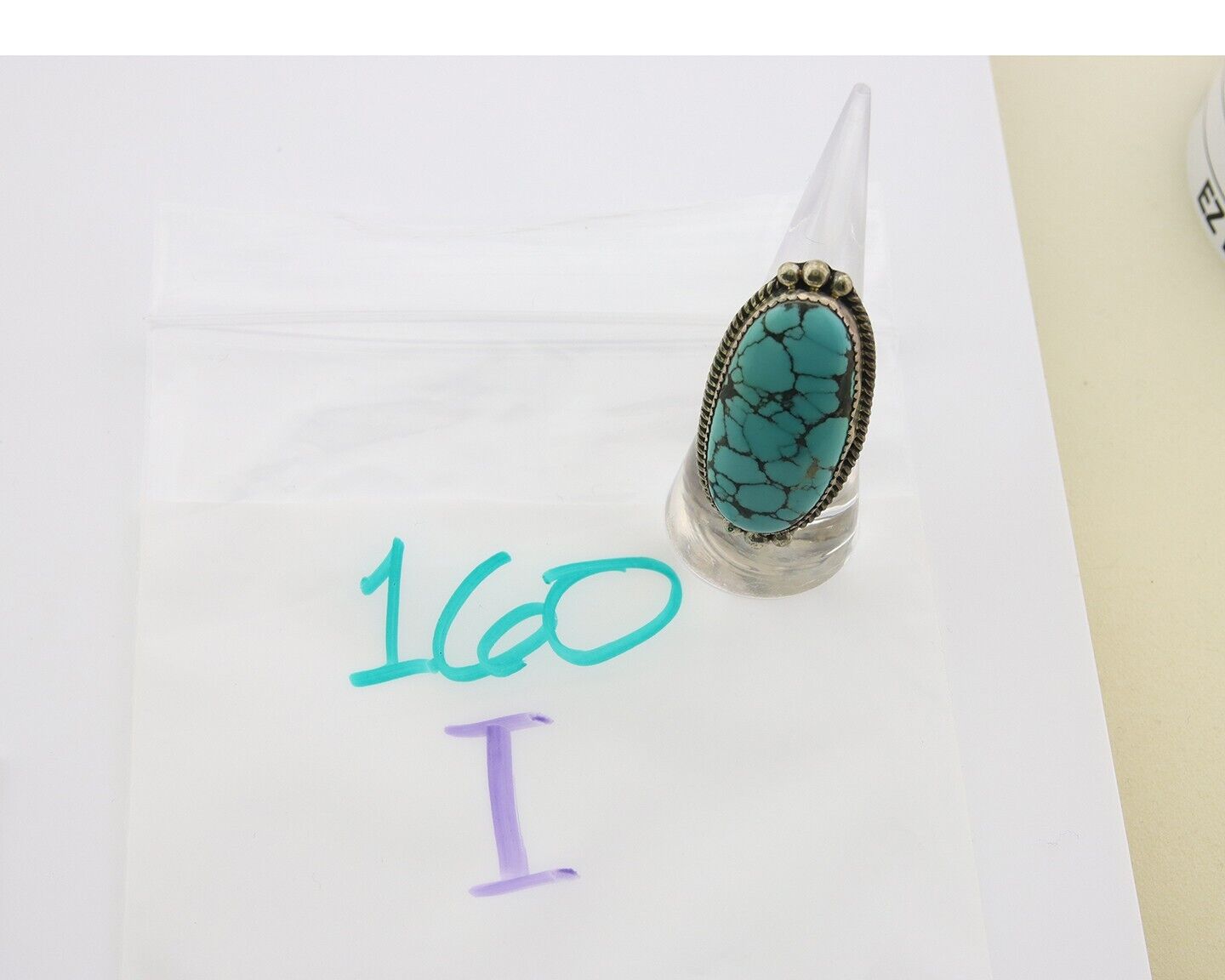 Navajo Ring 925 Sterling Spiderweb Blue Turquoise Native Artist C.80's Size 7.0