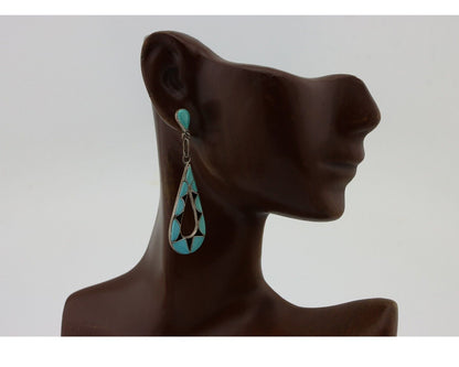 Navajo Handmade Earrings 925 Silver Blue Turquoise Native Artist C.80's