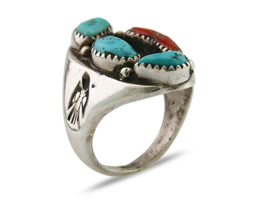 Navajo Men Ring Natural Turquoise & Coral 925 Silver Solid C.80's