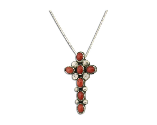 Navajo Cross Necklace 925 Silver Mediterranean Coral Native American Artist C80s