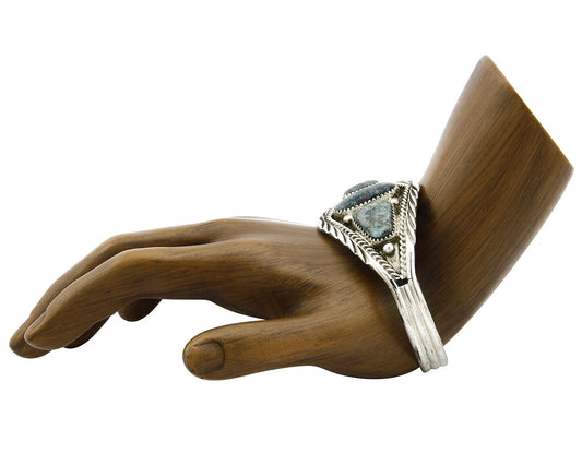 Navajo Bracelet .925 Silver Spiderweb Turquoise Bangle Signed DE Circa 1980's