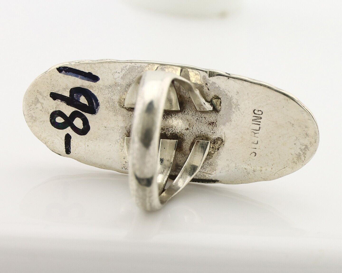 Navajo Ring 925 Silver Onyx Hand Stamped Native American Artist C.80's