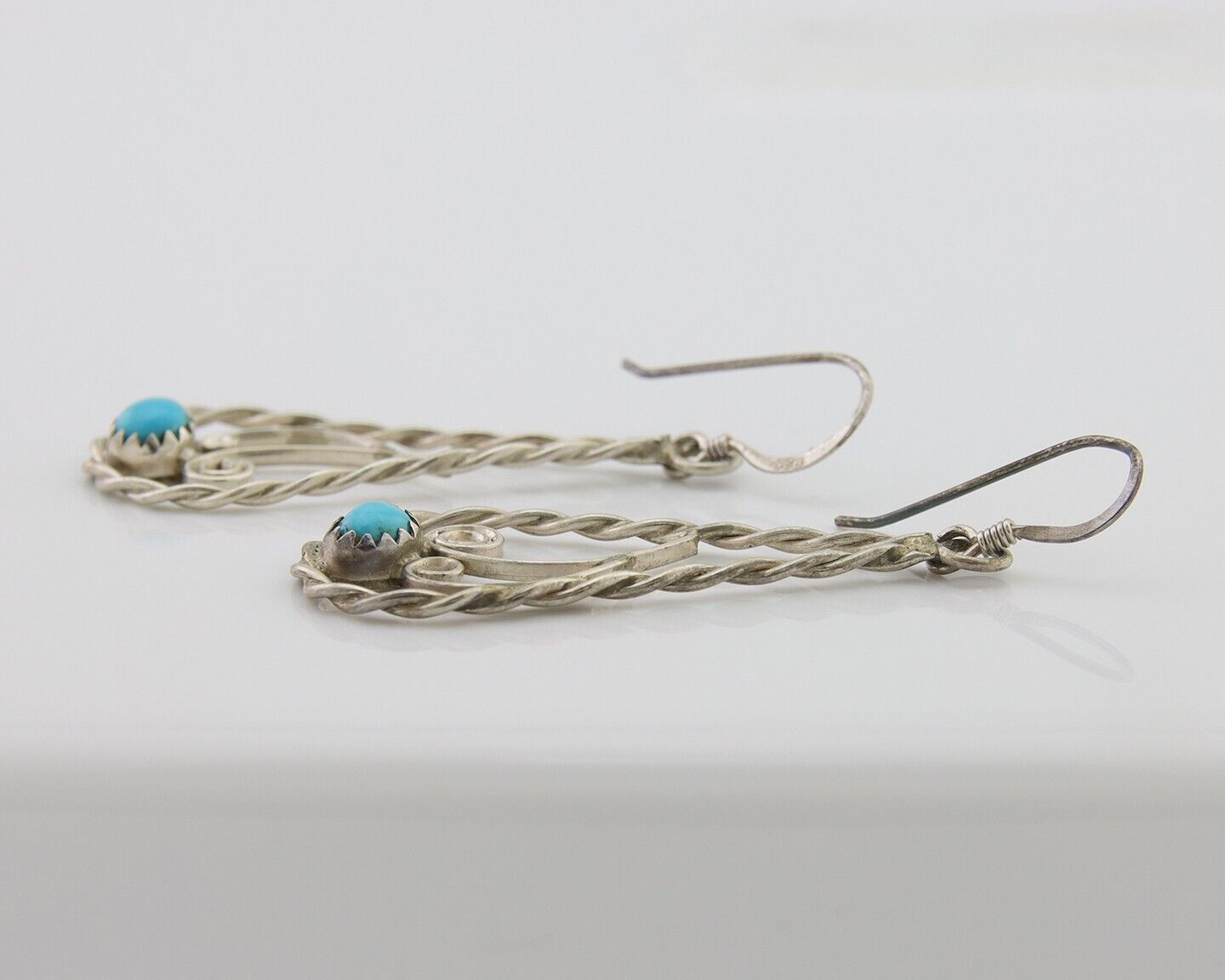 Navajo Dangle Earrings 925 Silver Natural Turquoise Artist Signed JB C.80's