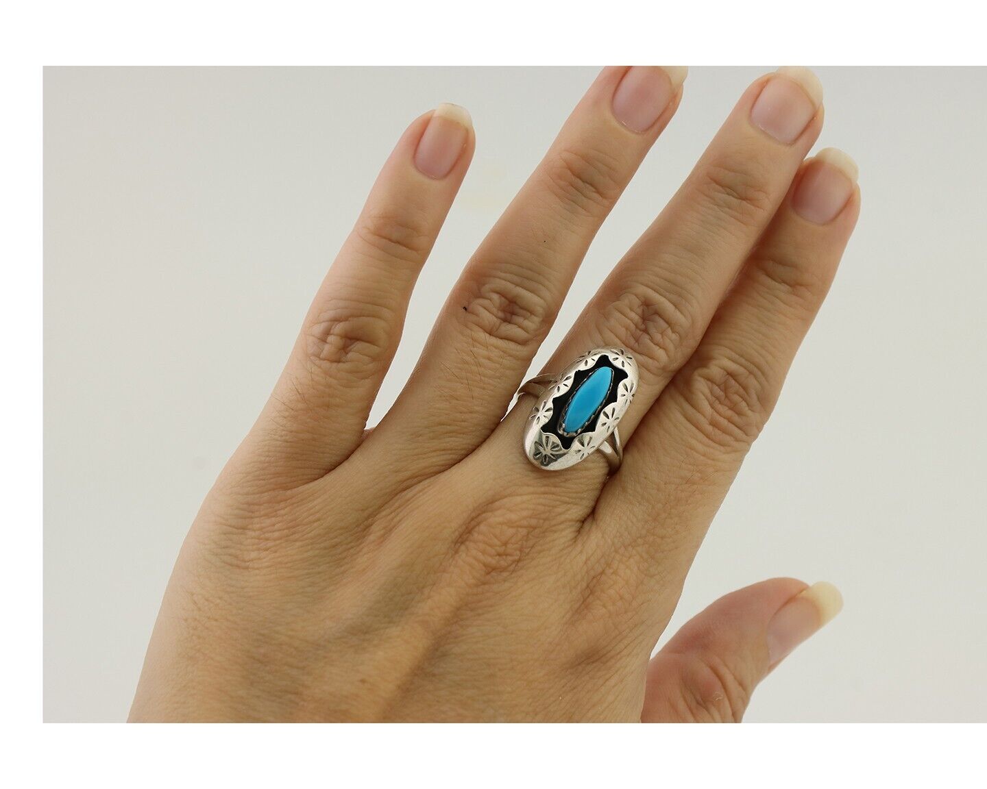 Navajo Ring 925 Silver Natural Blue Turquoise Signed IJC C.80's