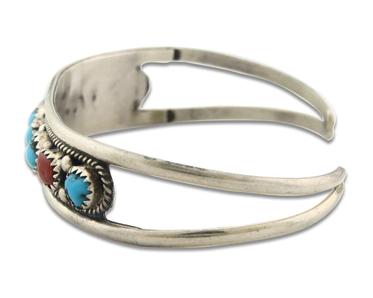 Vintage Navajo Bracelet 925 Silver Red Coral Turquoise Signed FA