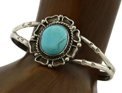 Navajo Bracelet 925 Silver Natural Turquoise Artist Signed Thompson Platero C80s