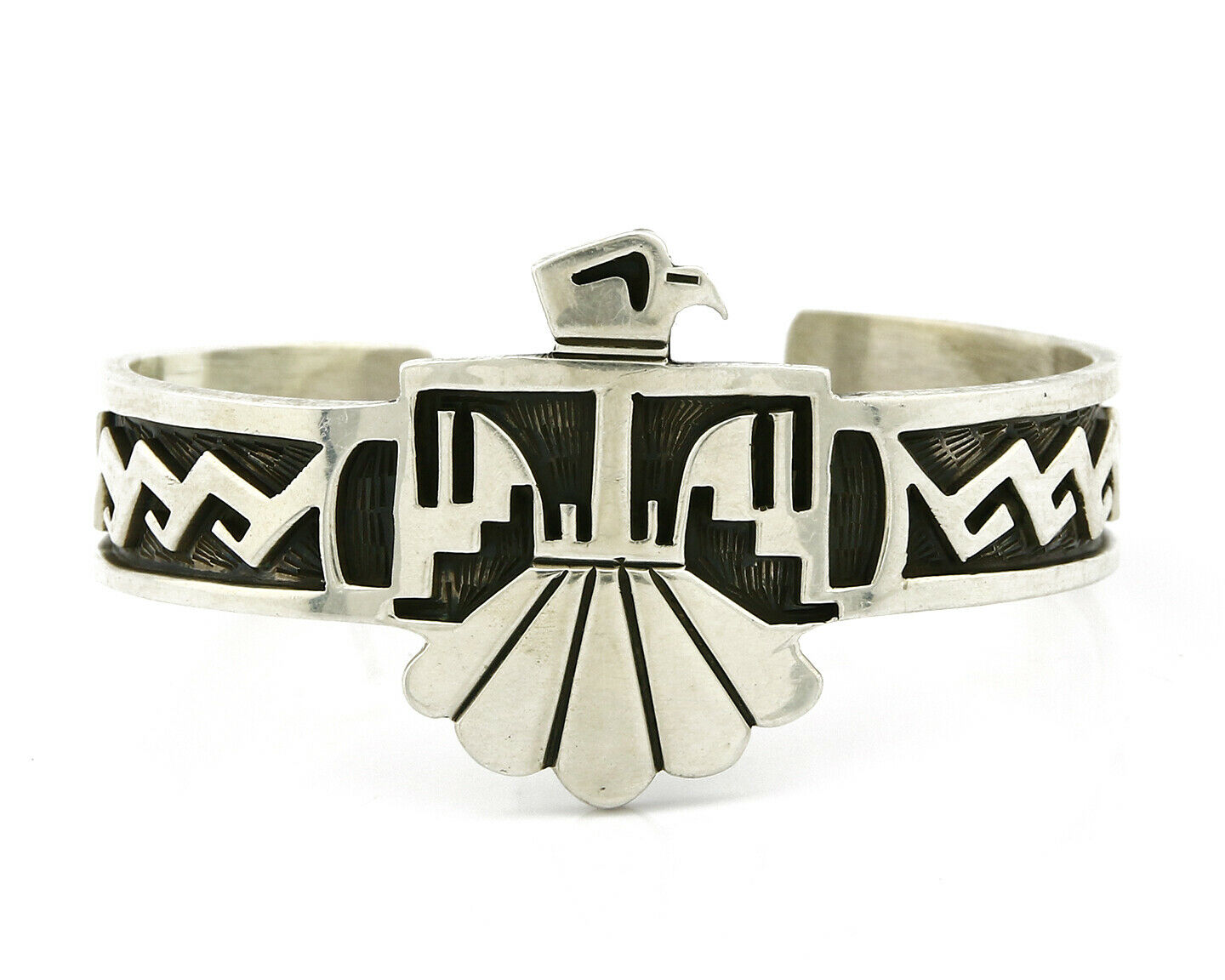 Navajo Handmade Bracelet .925 Silver Thunderbird Overlay Cuff
