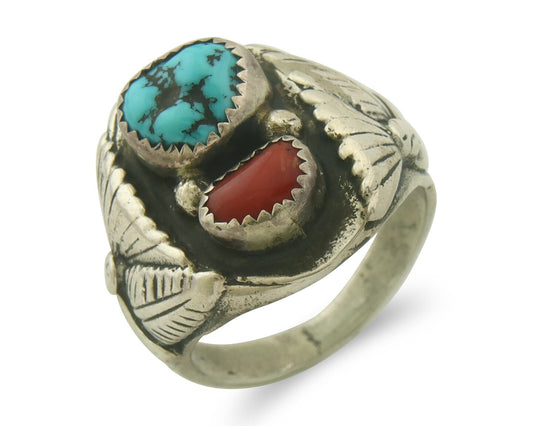 Men Vintage Navajo Ring 925 Sterling Turquoise & Coral Native Artist Size 12.5
