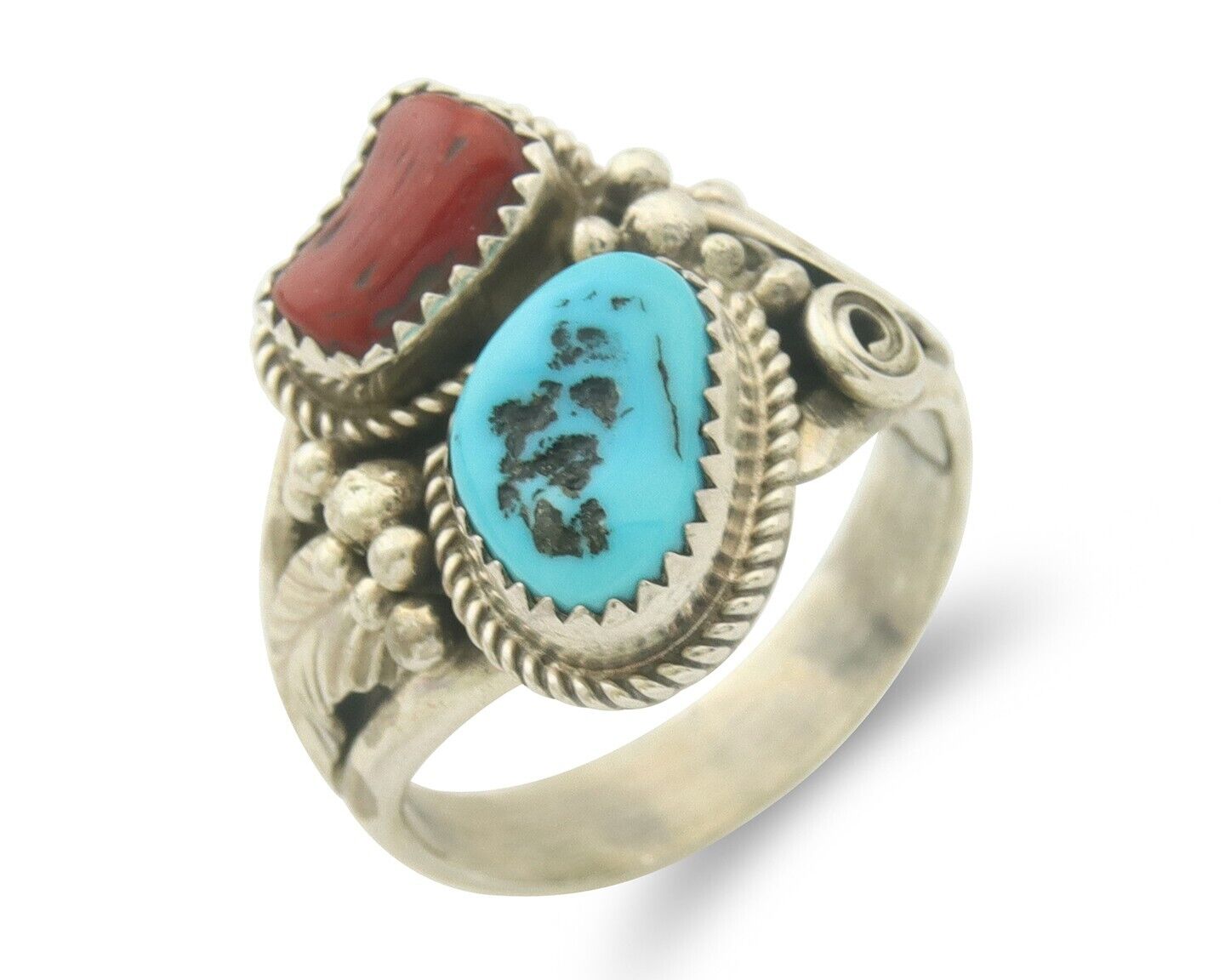 Men Navajo Ring 925 Sterling Silver Natural Coral & Turquoise Signed JM C.80's