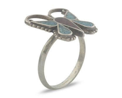 Navajo Ring 925 Silver Inlaid Butterfly Turquoise & Coral C.80's Size 5.5