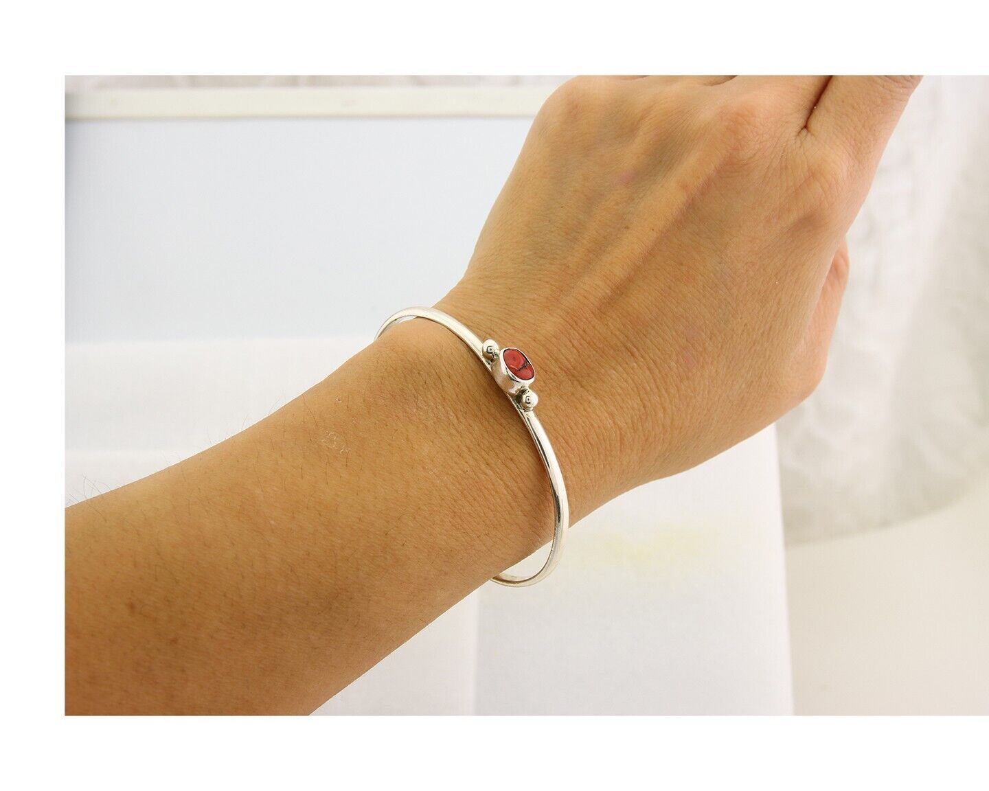 Navajo Bracelet .925 Silver Mediterranean Red Coral Cuff Native Artist C.80's