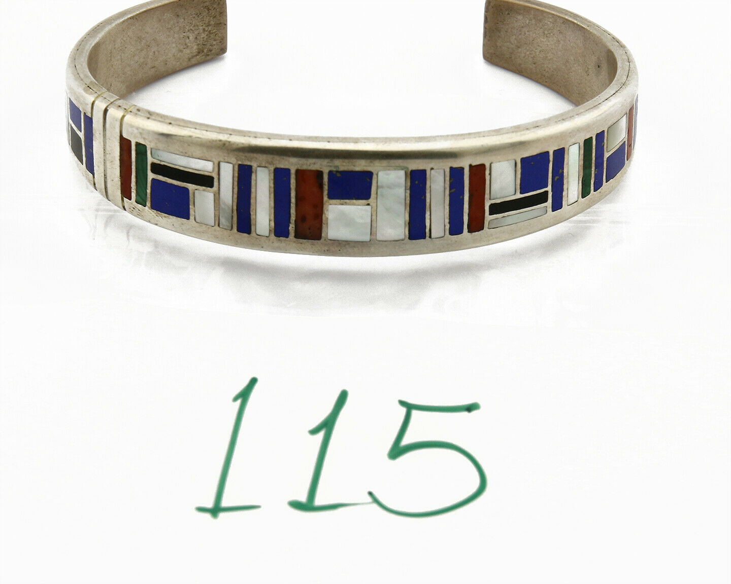 Early Artist David Freeland Inlaid Natural Gemstone .925 SOLID Silver Cuff