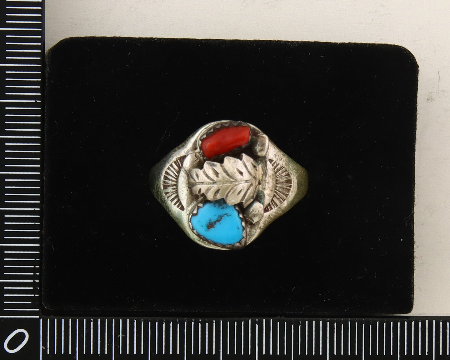 Navajo Ring 925 Sterling Turquoise & Coral Native Artist C.80's Size 10
