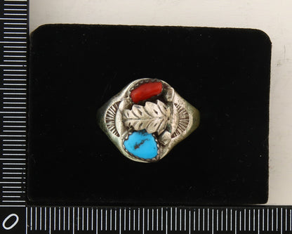Navajo Ring 925 Sterling Turquoise & Coral Native Artist C.80's Size 10