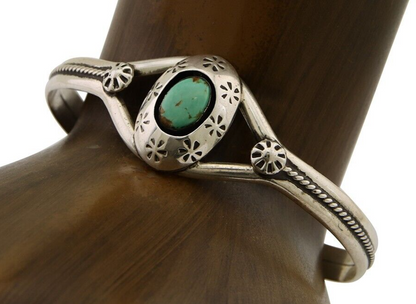 Navajo Hand Stamped Cuff Bracelet Turquoise 925 Silver Native American Artist