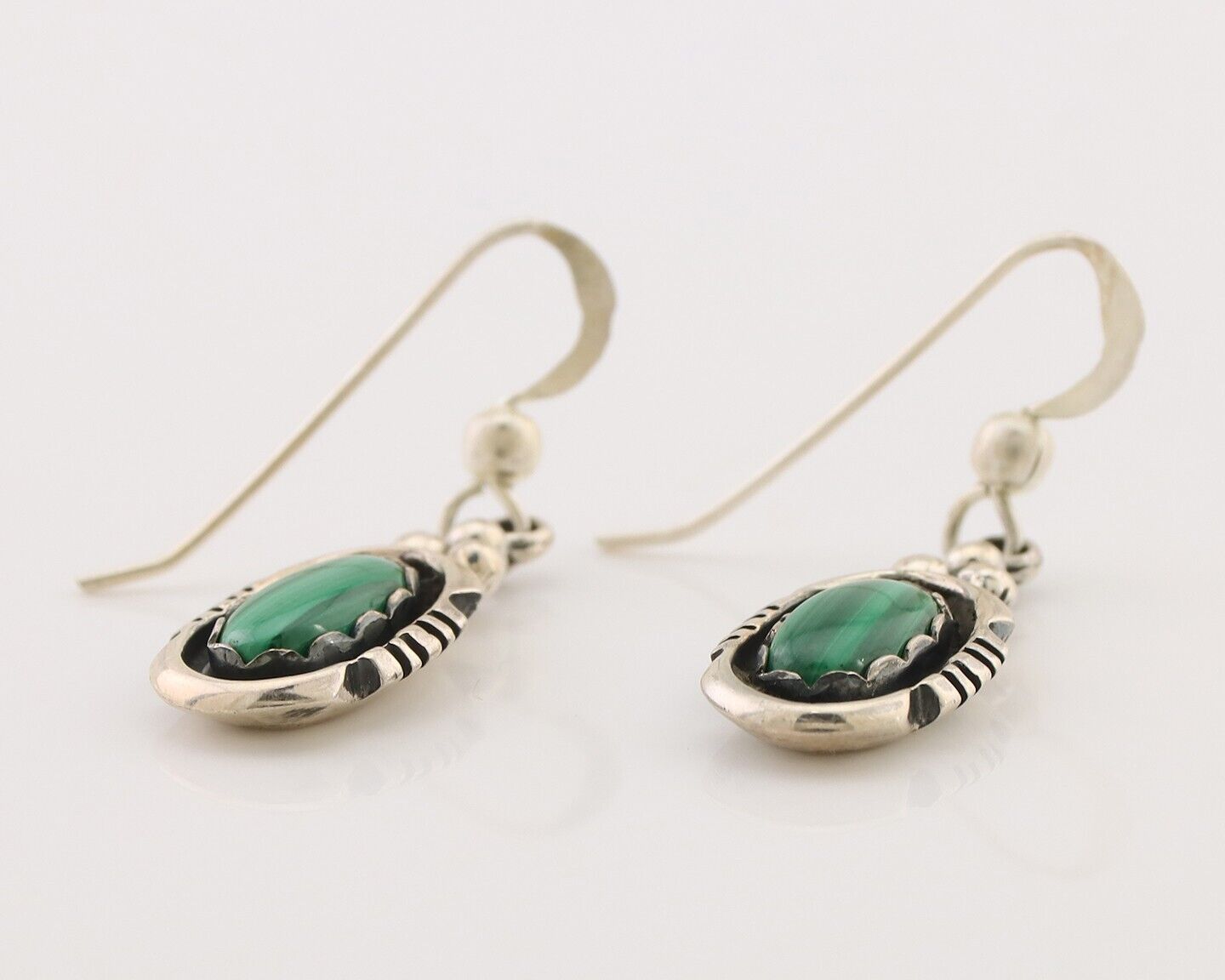 Navajo Dangle Earrings 925 Silver Natural Malachite Native American Artist C.80s