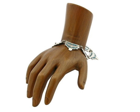 Mexican Artist TM .925 Silver Blue Turquoise Chip Inlay Bracelet
