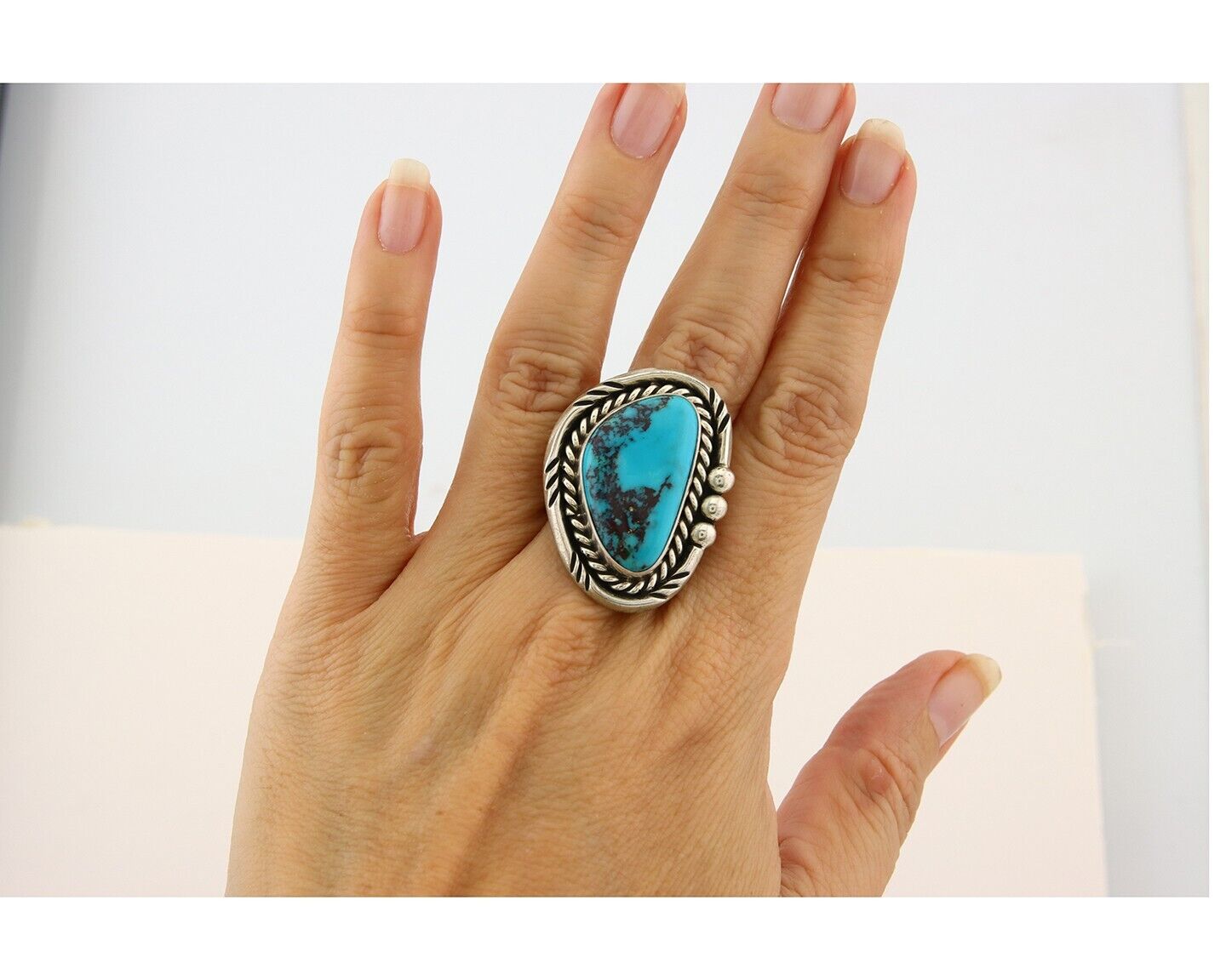 Navajo Ring 925 Sterling Natural Blue Turquoise Signed Ben S C.80's Size 10