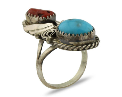 Navajo Ring 925 Silver Blue Turquiose & Coral Artist Signed Justin Morris C.80's