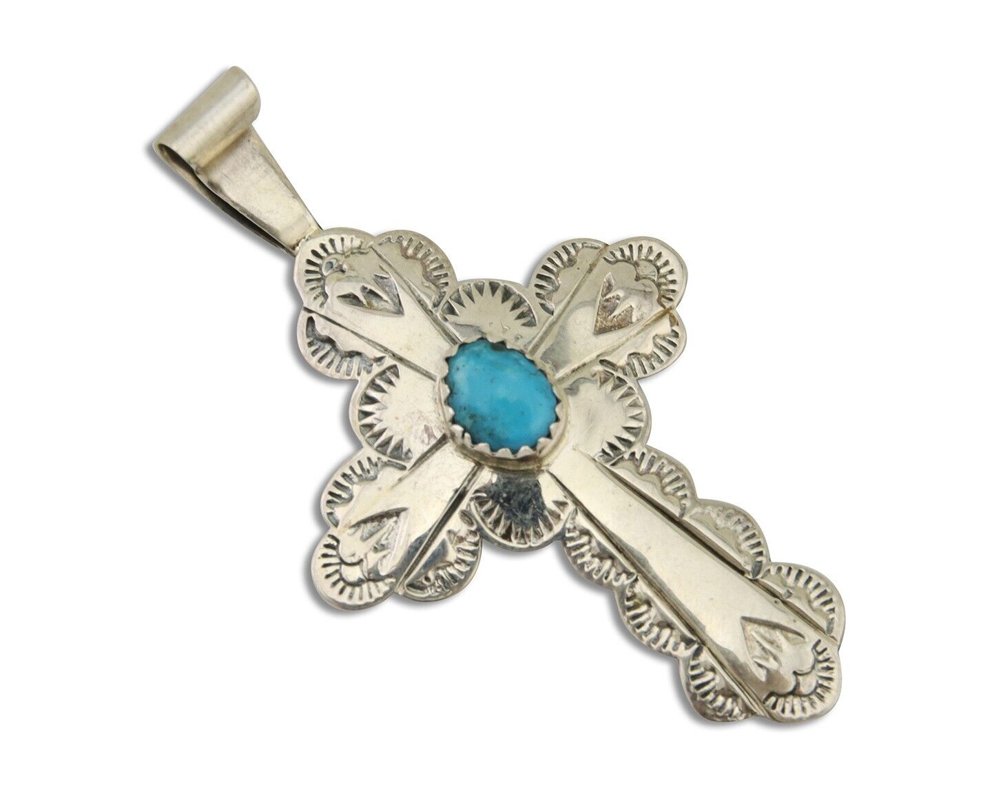 Navajo Cross Hand Stamped Pendant 925 Silver Turquoise Artist Gilbert Lee C.80's