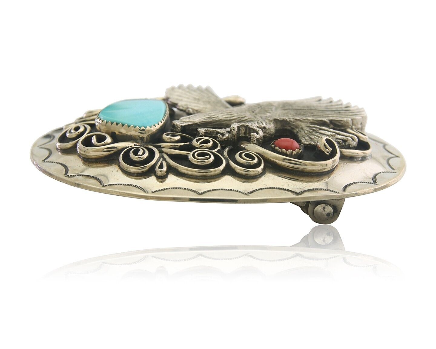 Navajo Belt Buckle .999 Nickel Buffalo Gemstone Handmade 2.5 x 3.0 in C.80's