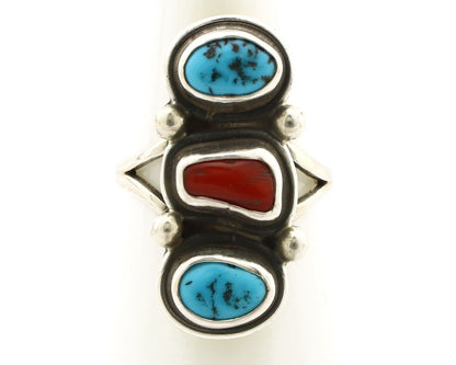 Navajo Ring 925 Silver Sleeping B Turquoise & Coral Native American Artist C.80s