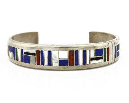 Early Artist David Freeland Inlaid Natural Gemstone .925 SOLID Silver Cuff