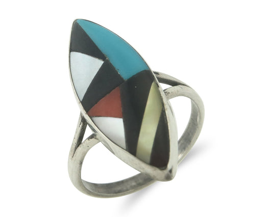 Vintage Zuni Ring 925 Sterling Silver Natural Gemstone Signed MK Size 7.5