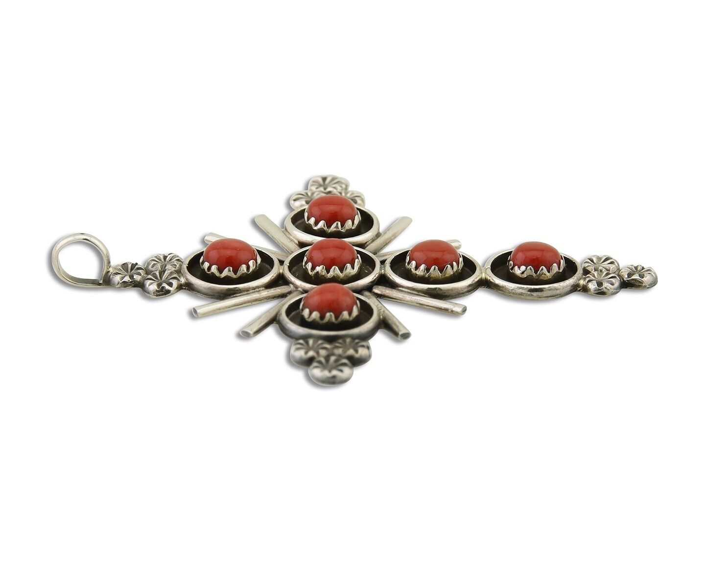 Zuni Cross Pendant 925 Silver Mediterranean Coral Artist Signed Lonasee C.80's